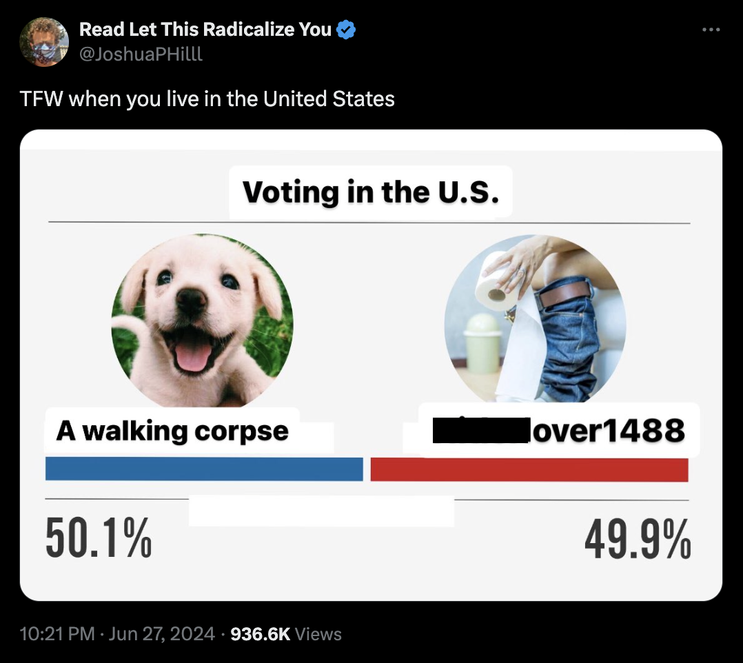 Pat Dubois - Read Let This Radicalize You Tfw when you live in the United States Voting in the U.S. A walking corpse lover1488 50.1% Views 49.9%